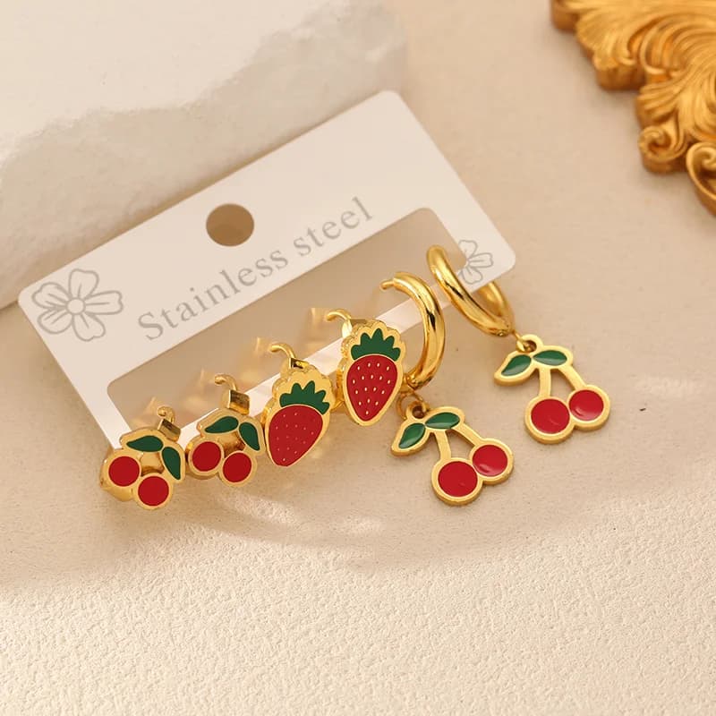 3 Pairs Cherry Strawberry Hoop Earrings