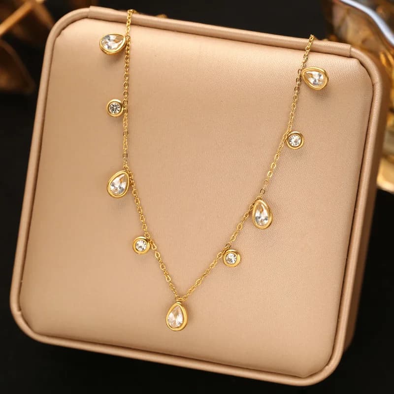 Water Drop Zircon Pendant Necklace, Gold Plated