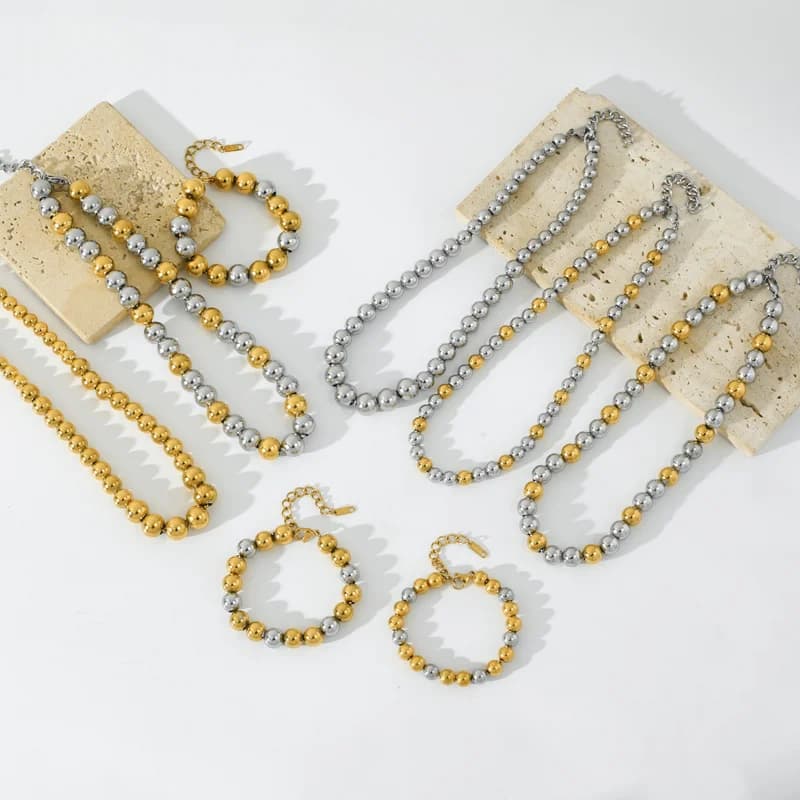 Gold and Silver Solid Bead Necklace Bracelet Set