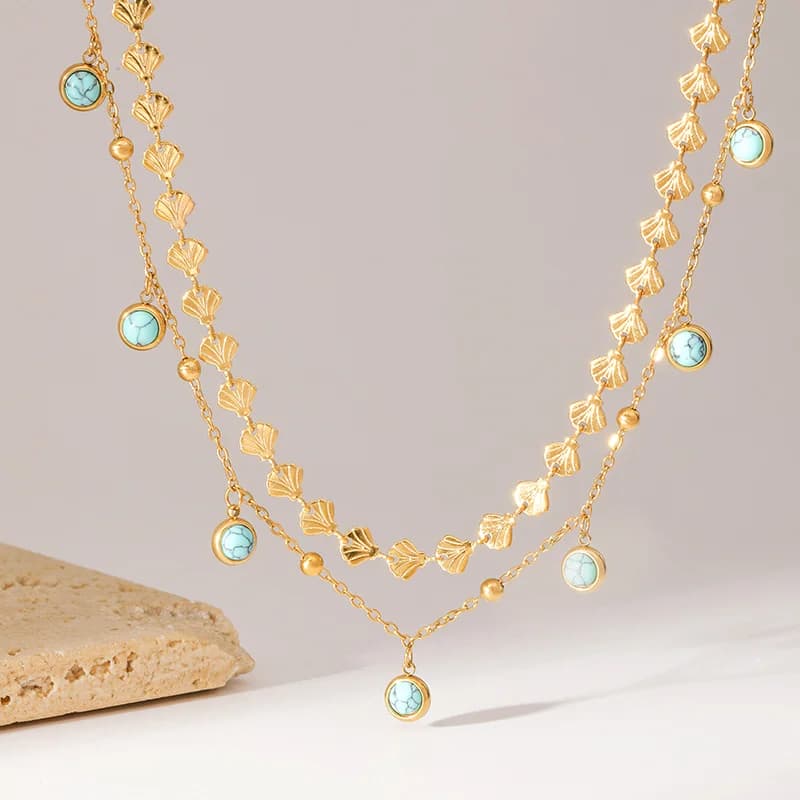 Stainless Steel Artificial Turquoise Double Layer Necklace
