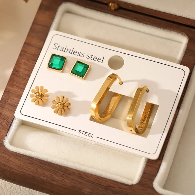 3-Pair Green Zircon Flower Earrings Set