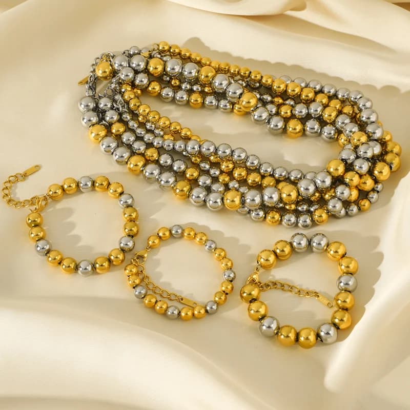 Gold and Silver Solid Bead Necklace Bracelet Set