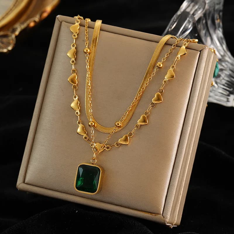 Multi-Layer Geometric Coin Stone Pendant Necklace