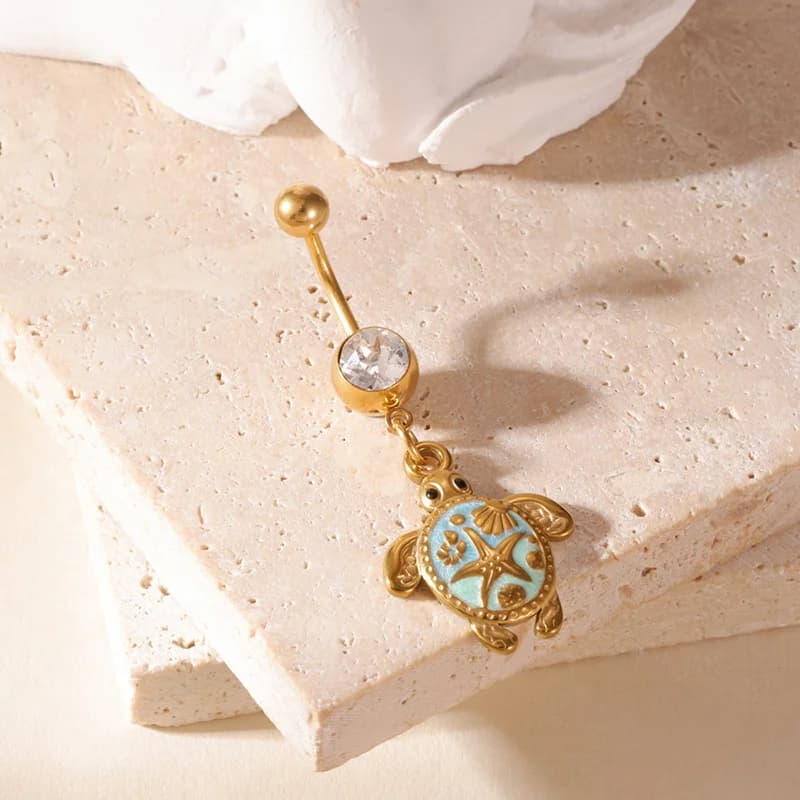 Turtle Dangle Belly Button Ring with Zirconia