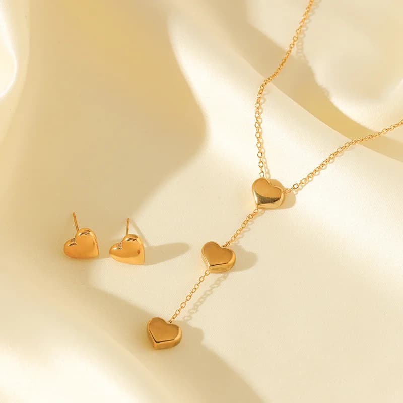 Glossy Heart Necklace and Earrings Set, Silver