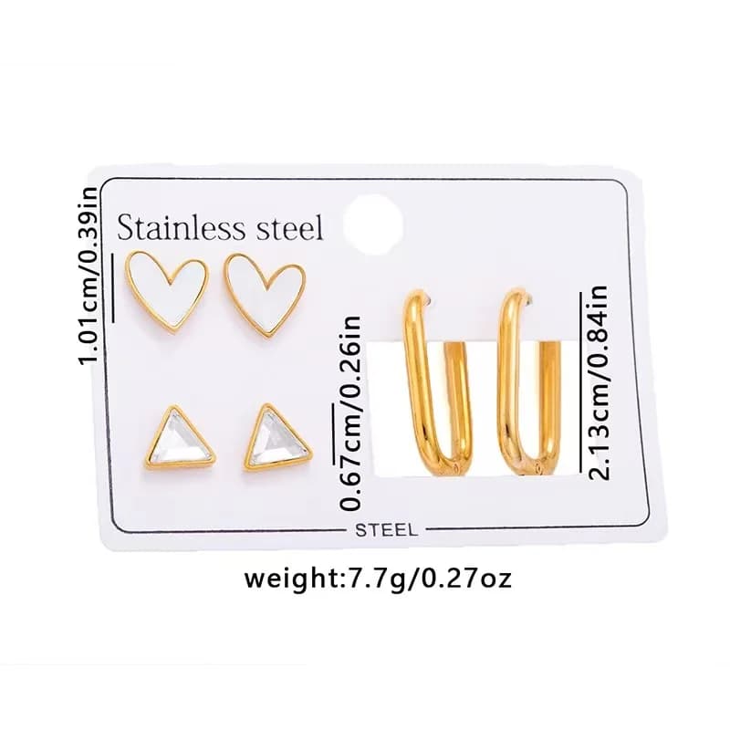 3-Pair Triangular Heart Hoop and Stud Earring Set