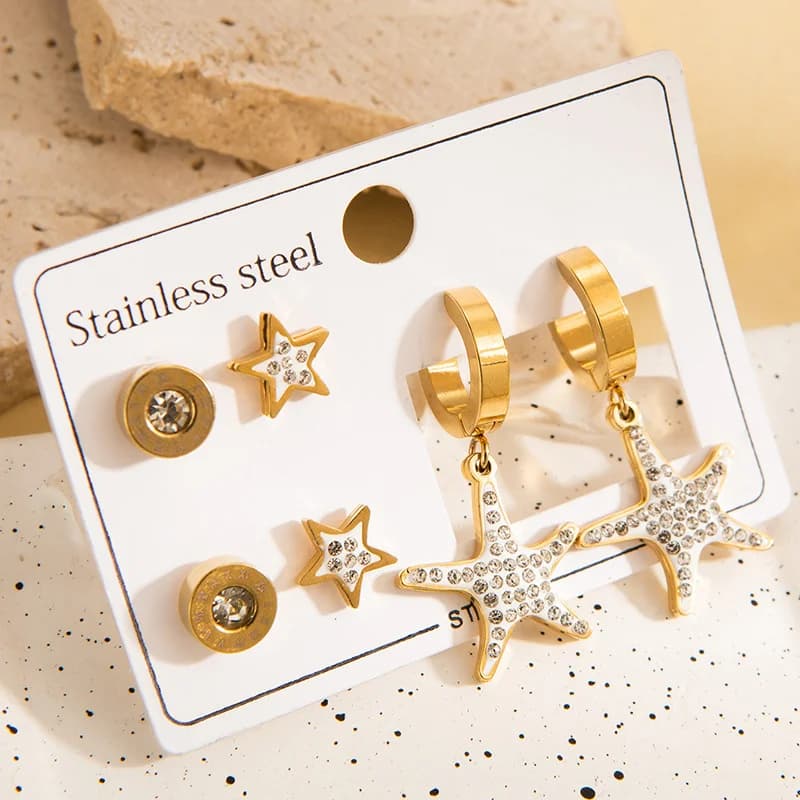 3-Pair Five-Pointed Star Zircon Stud Earring Set