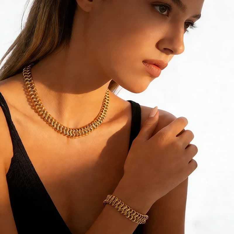 Gold Chunky Chain Necklace and Bracelet Set